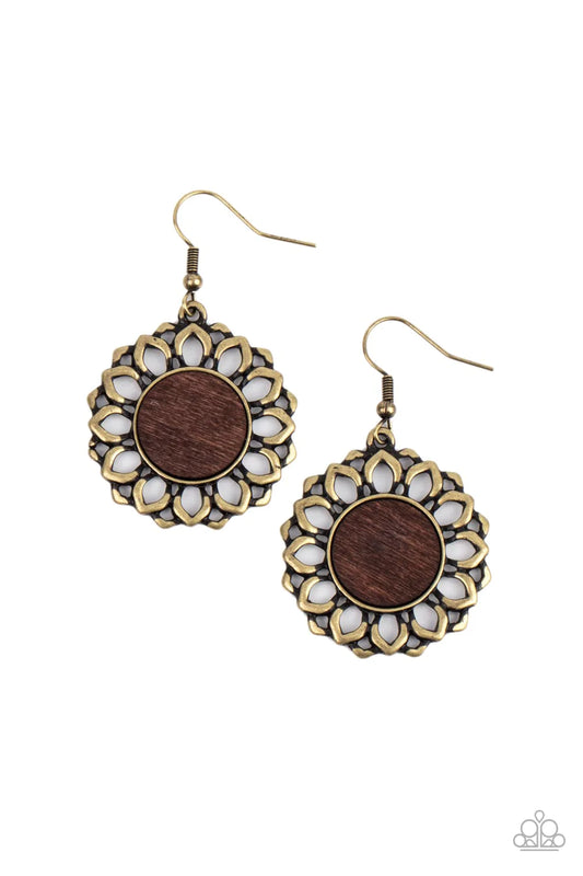 Farmhouse Fashionista Brass Floral Brown Wooden Center Earring Paparazzi E0782