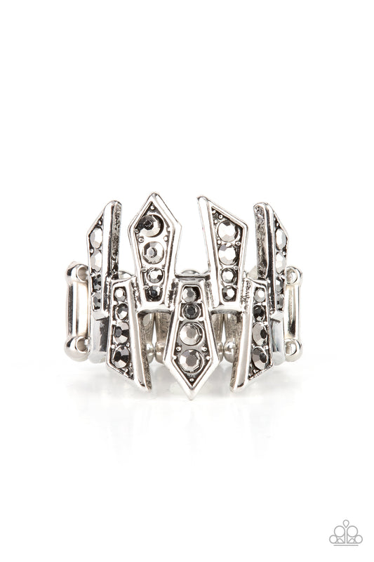 Juxtaposed Jewels - Silver Hematite Rhinestone Ring Paparazzi R0353