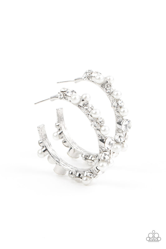 Let There Be SOCIALITE - White Rhinestone & Pearl Earring September 2021 Life Of The Party Paparazzi E0235