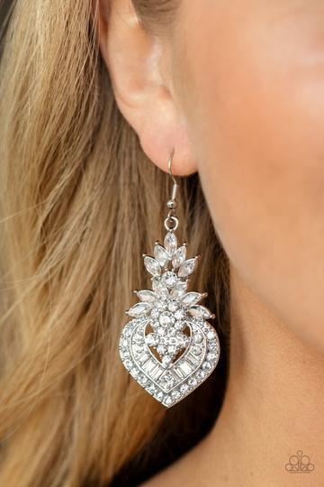Royal Hustle White Rhinestone Earring August 2021 Life Of The Party Paparazzi E0146