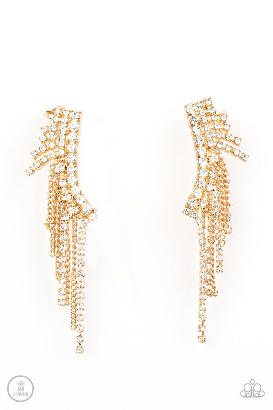Thunderstruck Sparkle - Gold Chain White Rhinestone Ear Crawler E1161