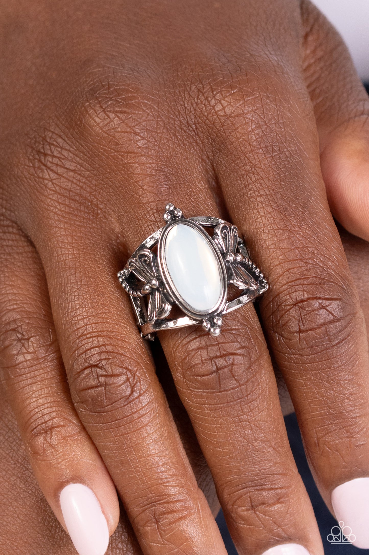 Dance of the Dragonflies - White Opal Antiqued Silver Dragonfly Ring Paparazzi R0237