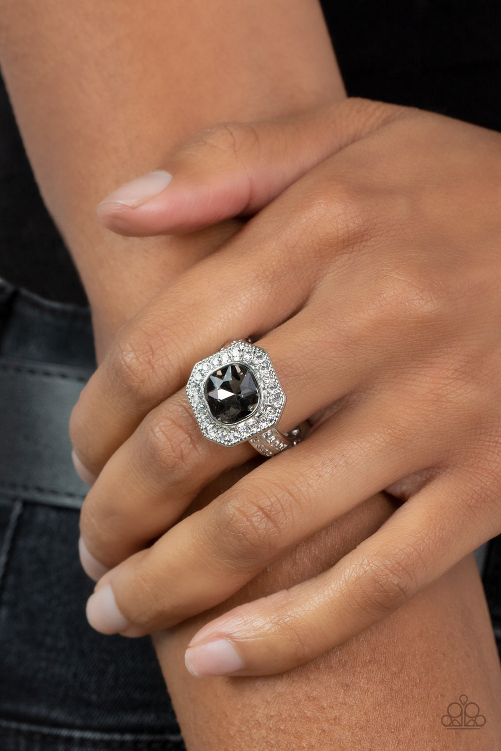 Title Match - Silver Smoky Gem & White Rhinestone Ring Paparazzi R0528