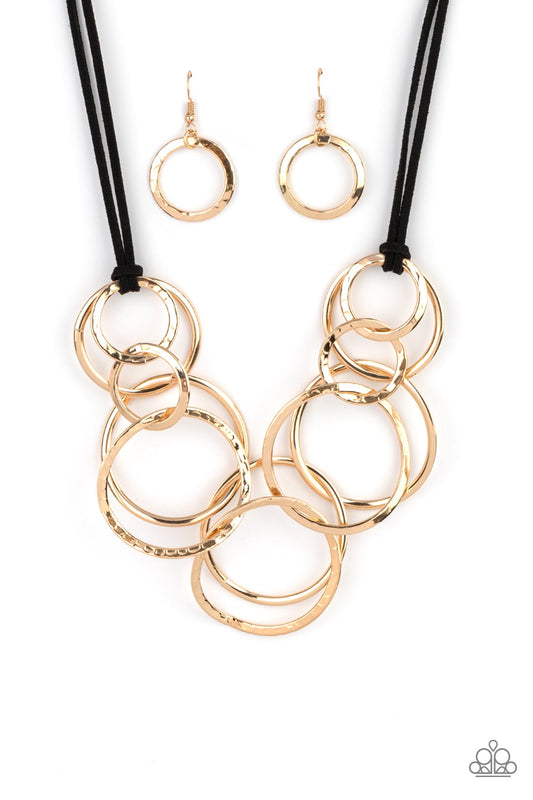 Spiraling Out Of Couture Gold Rings & Black Suede Cord Necklace Paparazzi N0559