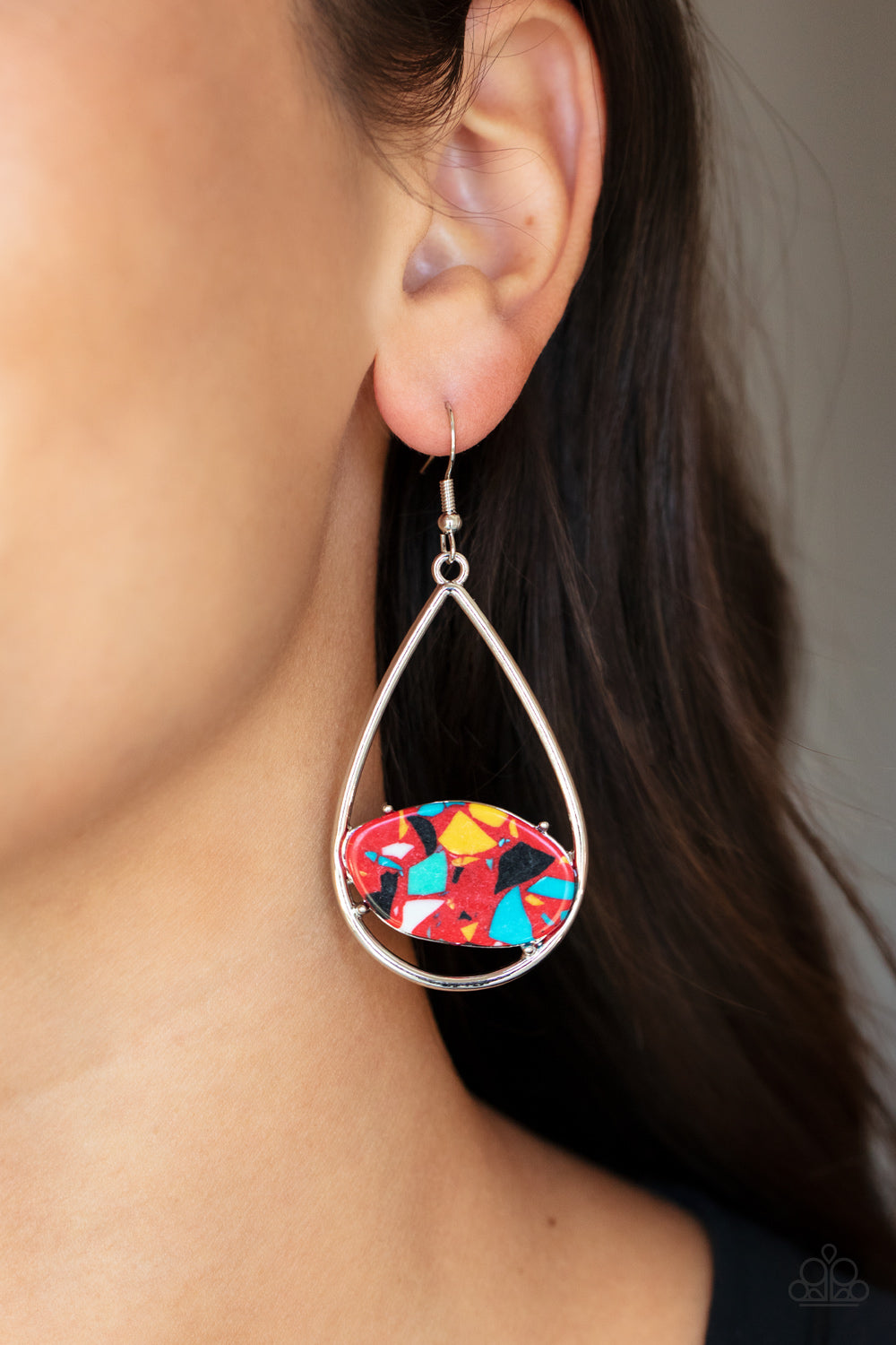 Tropical Terrazzo - Red Teardrop Terrazzo Stone Earring Paparazzi E0729