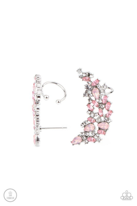 Prismatically Panoramic - Pink, White & Opal Rhinestone Ear Crawler Earring Paparazzi E1086