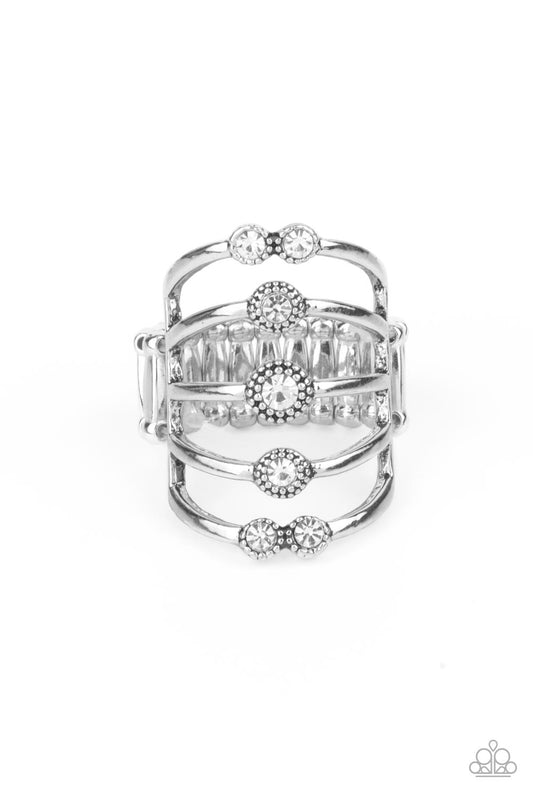 Layer On The Luster - White Rhinestone & Silver Layered Ring Paparazzi R0442
