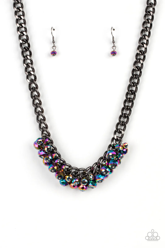Galactic Knockout Multi Oil Spill Iridescent Bead Gunmetal Chain Necklace Paparazzi N1392