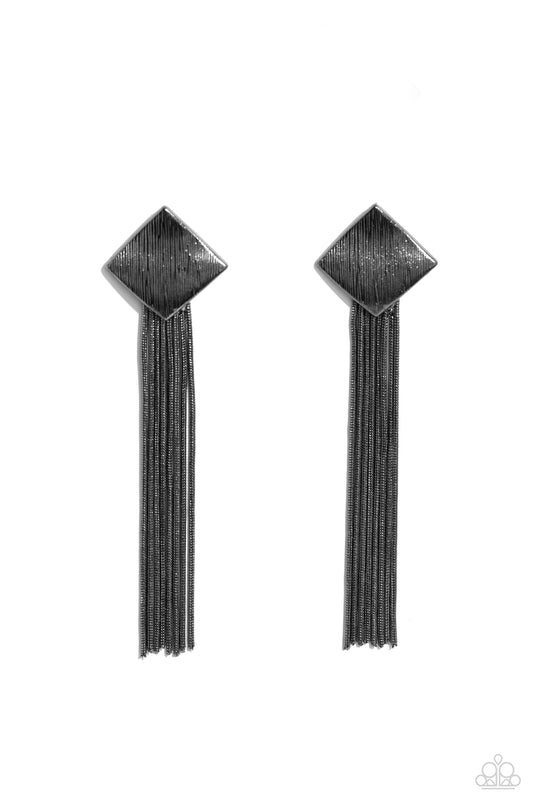 Experimental Elegance - Black Gunmetal Scratched Frame & Snake Chain Tassel Earring Paparazzi E1839