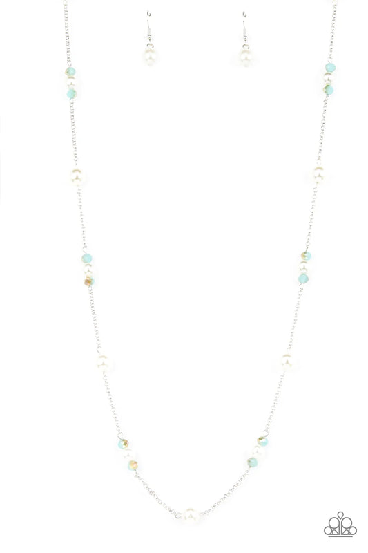 Keep Your Eye On The Ballroom Blue Opalescent Gem White Pearl Necklace Paparazzi N0975