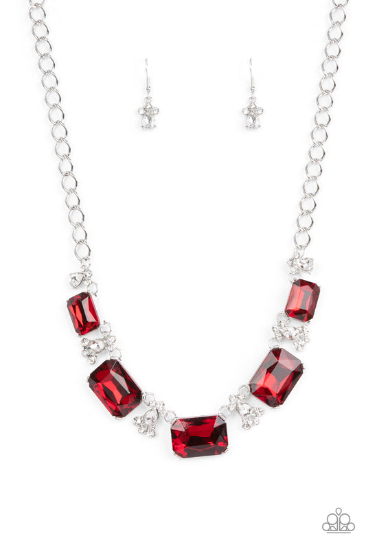 Flawlessly Famous - Red Rhinestone Silver Necklace Paparazzi N0454