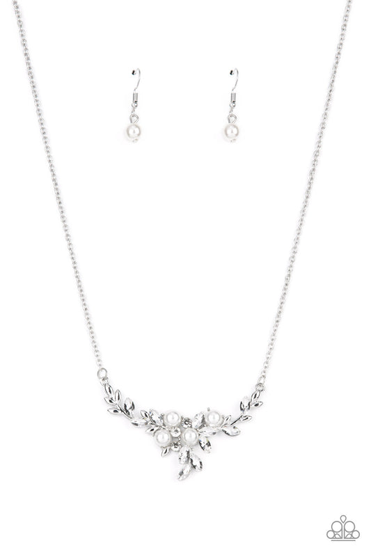 Because I'm The Bride - White Pearl & Rhinestone Leafy Elegant Necklace Paparazzi N1305