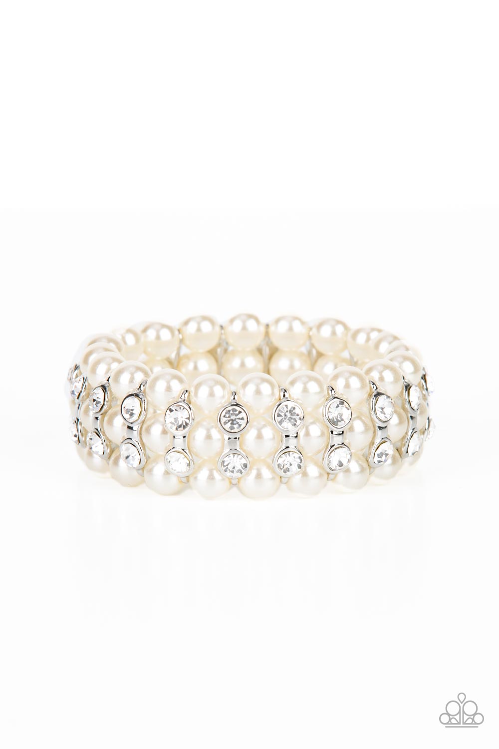 Paparazzi Eiffel Tower Elegance - White Bubbly Pearls & Rhinestone Stretch Bracelet B0705