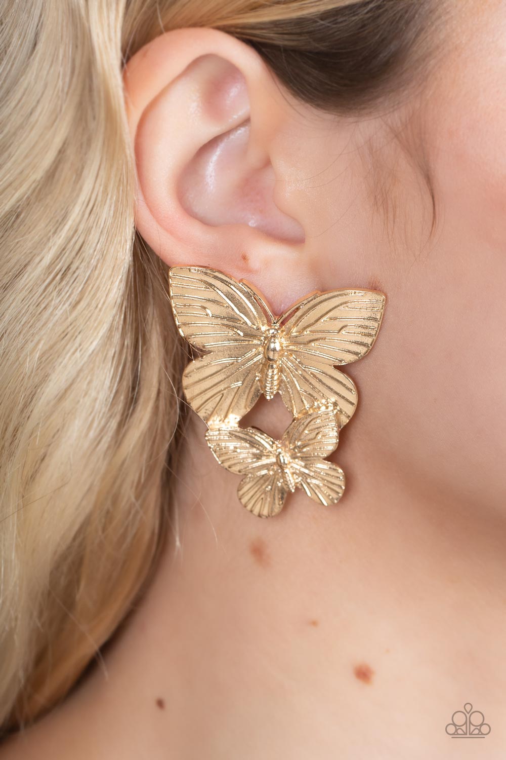 Blushing Butterflies - Gold Butterfly Post Back Earring Paparazzi E0748