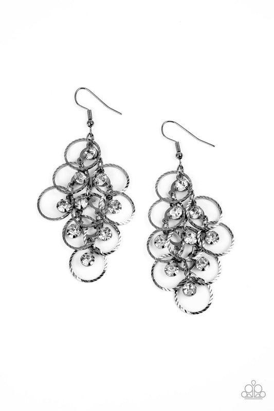 Head Rush - Black Circle, White Rhinestone Earring Paparazzi E0660