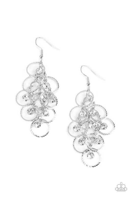 Head Rush - White Circle White Rhinestone Earring Paparazzi E0753