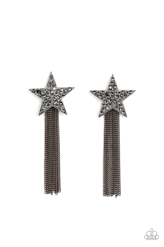 Superstar Solo - Black Gunmetal Hematite Star & Chain Post Earring Paparazzi E1276