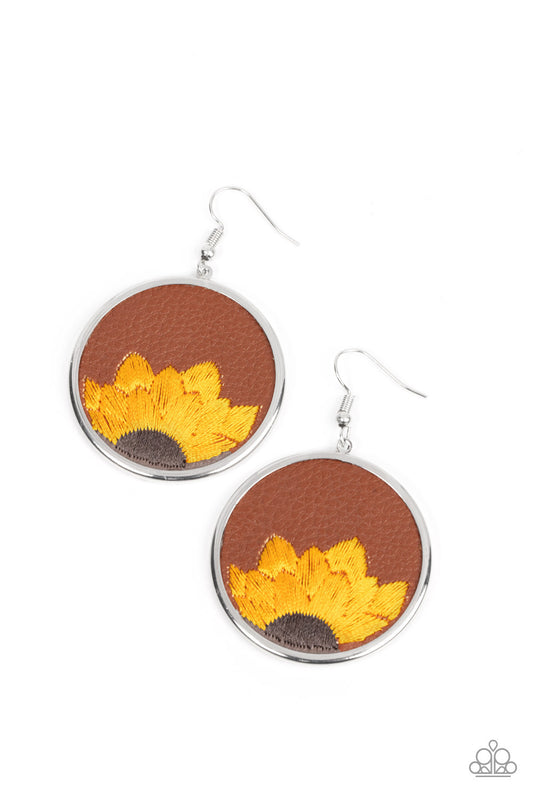 Sun-Kissed Sunflowers - Brown Sunflower Leather Earring Paparazzi E0302
