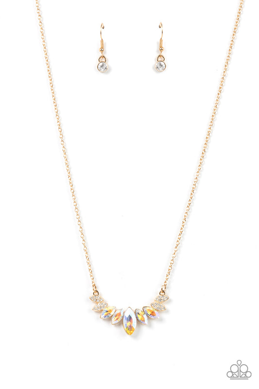 One Empire at a Time - Gold Chain White Iridescent Marquise Rhinestone Necklace Paparazzi N1609