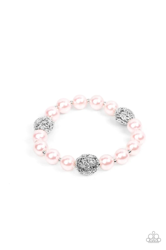 Upscale Whimsy Pink Pearl-Like Bead & Silver Filigree Stretch Bracelet Paparazzi B0773