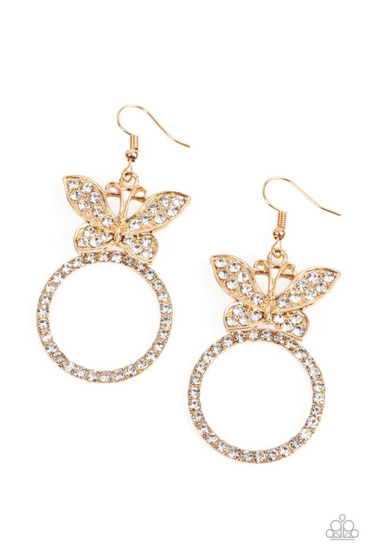 Paradise Found - Gold Rhinestone Butterfly Earring Paparazzi E0369