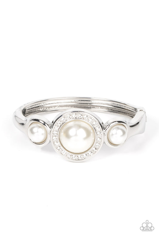 Debutante Daydream - White Rhinestone, Silver And Pearl Hinged Bracelet Paparazzi B0520