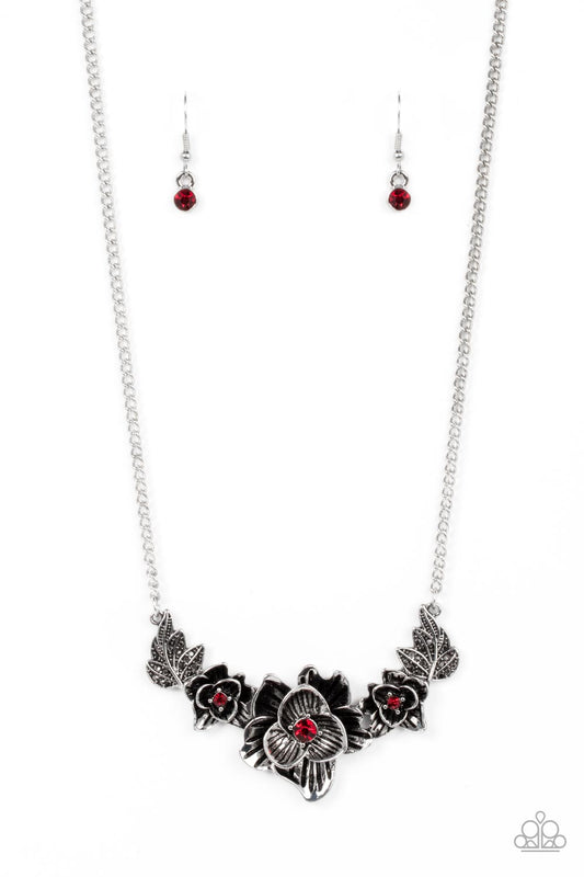 Botanical Breeze - Red Fiery & Hematite Rhinestone Silver Flower Necklace Paparazzi N1856