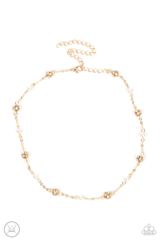 Rumored Romance - Gold, White Pearl & Rhinestone Choker Necklace Paparazzi N1330