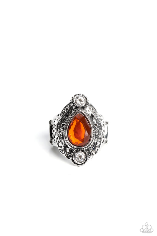 Mystical Mania - Orange - Burnt Orange & White Rhinestone Teardrop Ring Paparazzi R0531