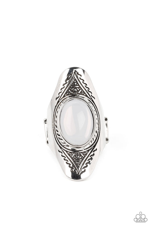 Pyramid Passage - White Glassy Opal Bead Silver Ring Paparazzi R0521