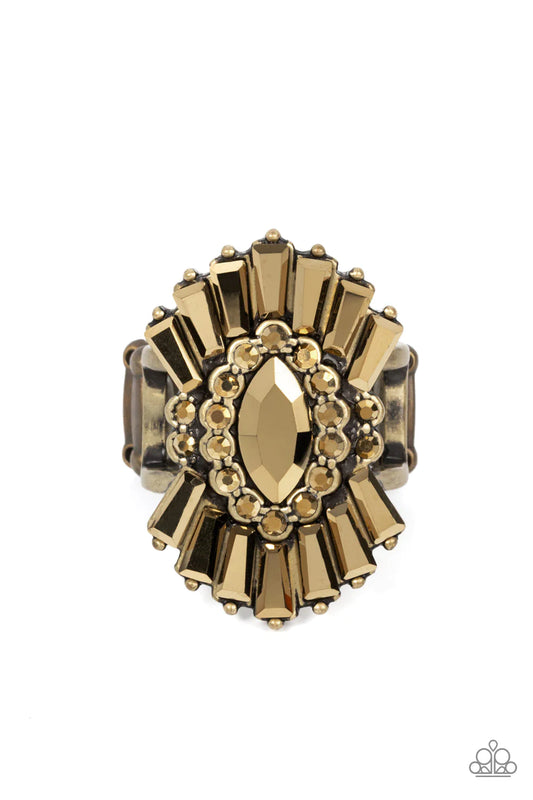 Darlingly Deco Brass Aurum Rhinestone Ring Paparazzi R0444