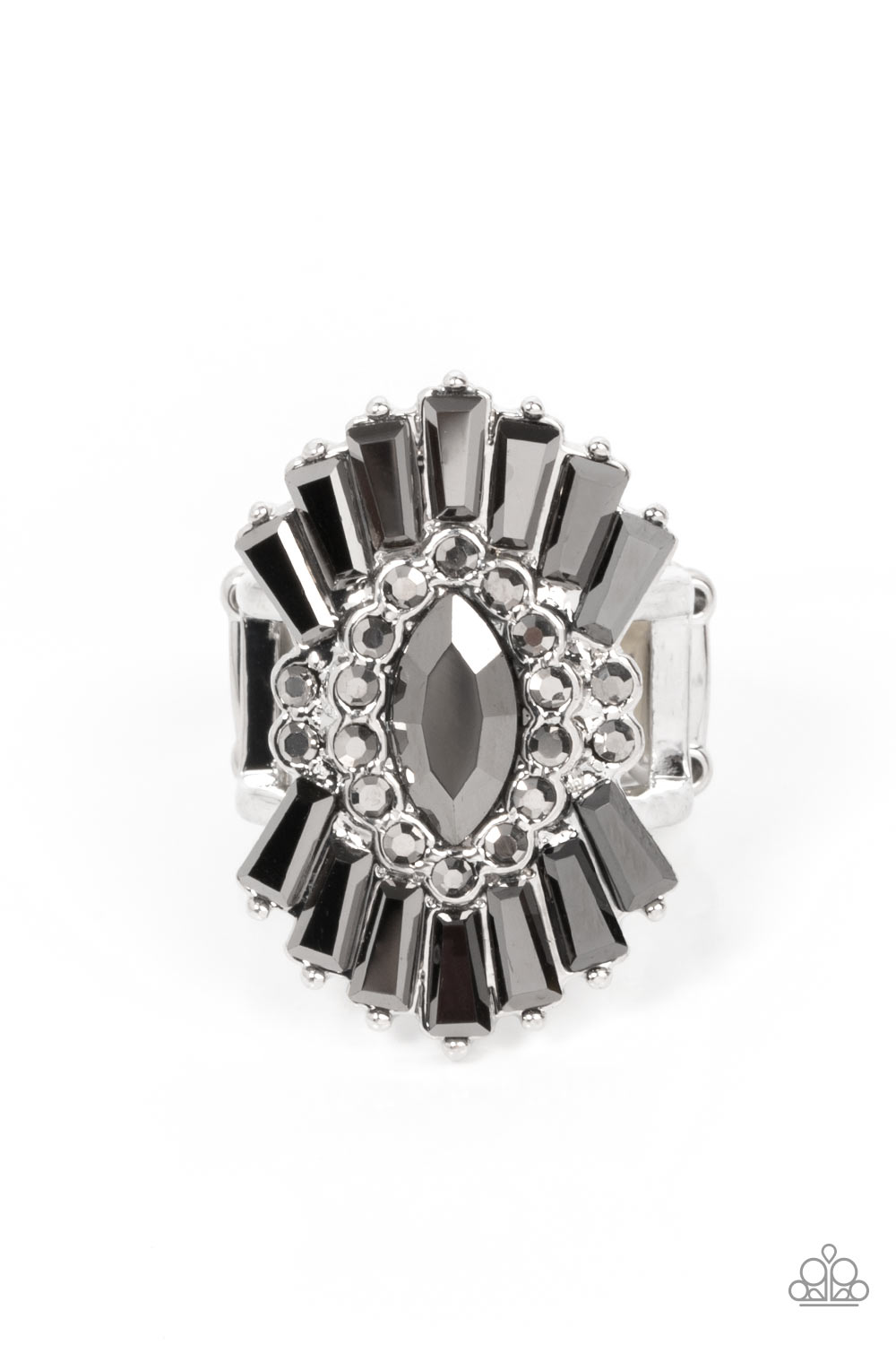 Daringly Deco - Silver Hematite & Smoky Rhinestone Ring Paparazzi R0451