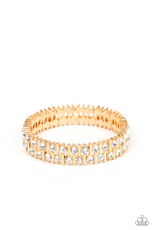 Generational Glimmer - Gold White Rhinestone Stretch Bracelet Paparazzi B0858