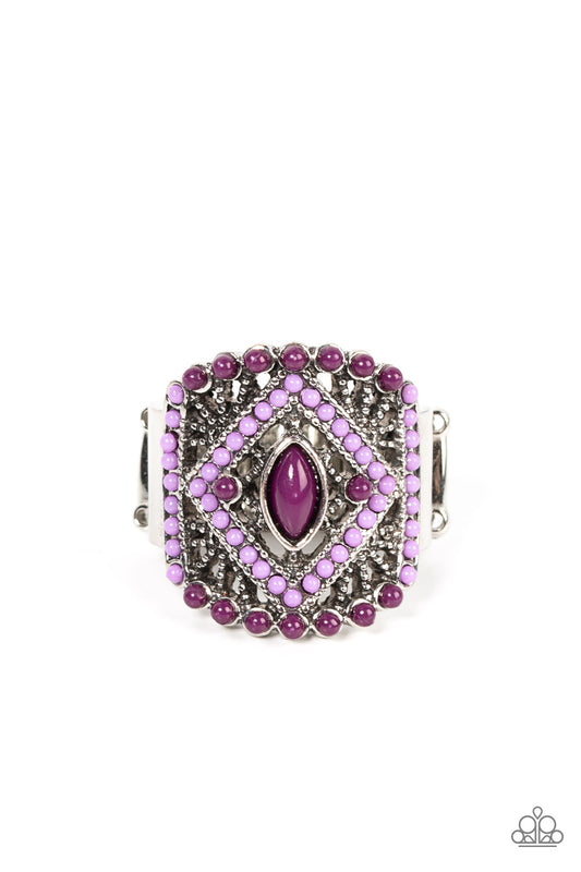 Amplified Aztec - Purple And Plum Bead Silver Ring Paparazzi R0358
