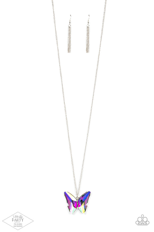 Paparazzi The Social Butterfly Effect - Multi Iridescent UV Effect Gem Butterfly Necklace Pink Diamond Exclusive Life Of The Party N0909