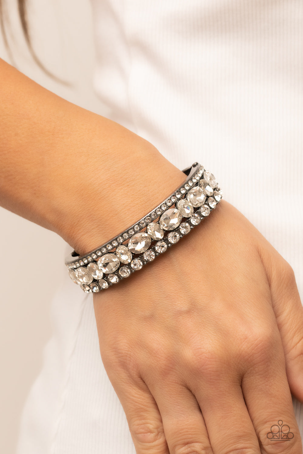 Mega Megawatt - Black Gunmetal White Rhinestone Hinge Bracelet Paparazzi B0749