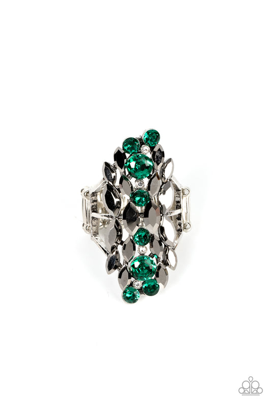Smoky Smolder - Green Rhinestone & Hematite Ring Paparazzi R0576