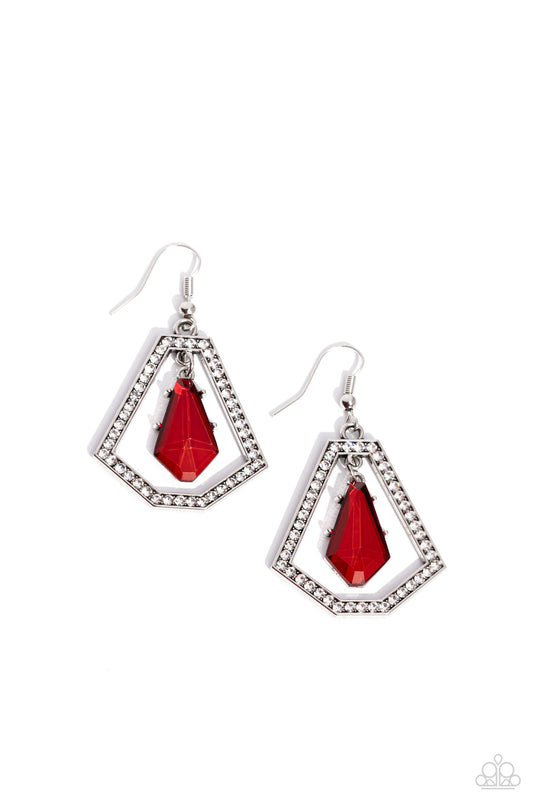 Poshly Photogenic - Red Gem Silver Frame Earring Paparazzi E1697