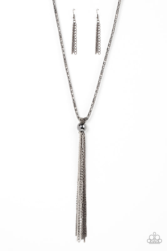 Metallic MESH Up - Black Gunmetal And Silver Chain With Tassel Necklace Paparazzi N1137