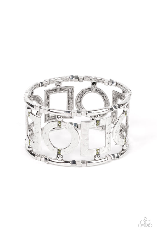 Framed and Fabulous - Green Rhinestone Silver Stretch Bracelet Paparazzi B689