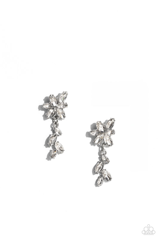 Goddess Grove - White Rhinestone Silver Flower Post Earring Paparazzi E1735