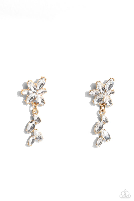 Goddess Grove - Gold & White Rhinestone Flower Post Earring Paparazzi E