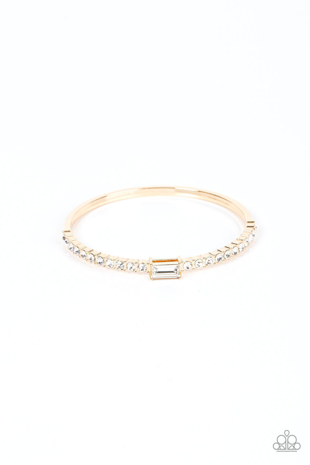 Party Crashing Couture - Gold Bangle White Rhinestone Bracelet Paparazzi B0444
