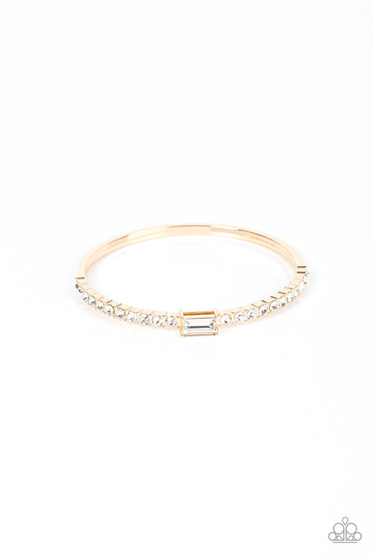 Party Crashing Couture - Gold Bangle White Rhinestone Bracelet Paparazzi B0444