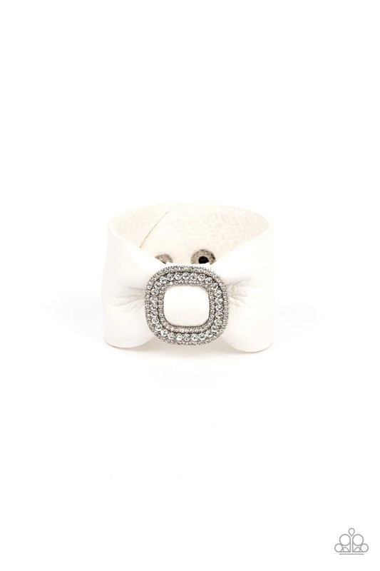 Lights, Selfie, Action! White Urban Leather Silver Rhinestone Bracelet Paparazzi B0837