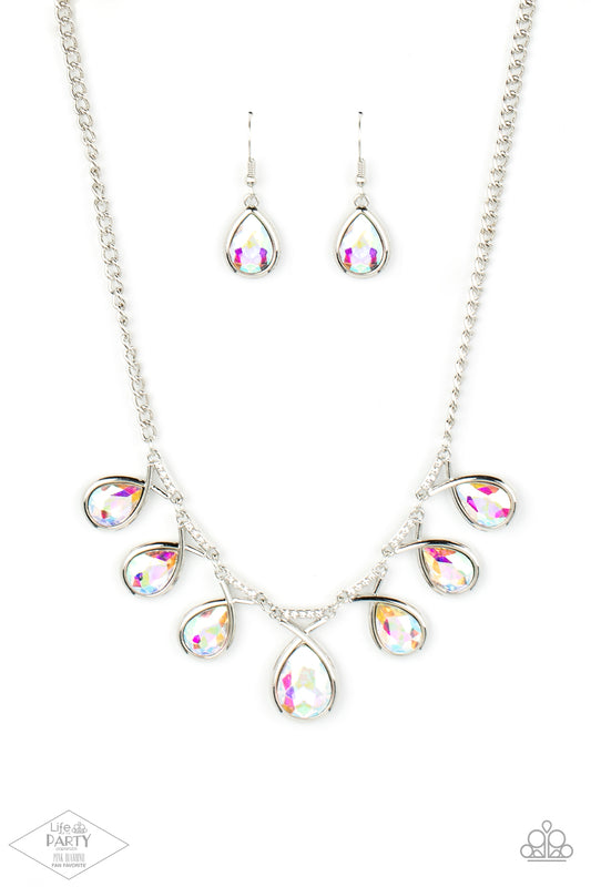 Love At Fierce Sight - Multi Iridescent Teardrop Gem Necklace Life Of The Party Pink Diamond Exclusive Paparazzi N1004