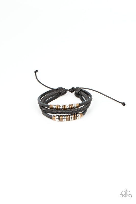 Treasure Tracker - Black Leather, Brass & Silver Rings Urban Bracelet Paparazzi B0815