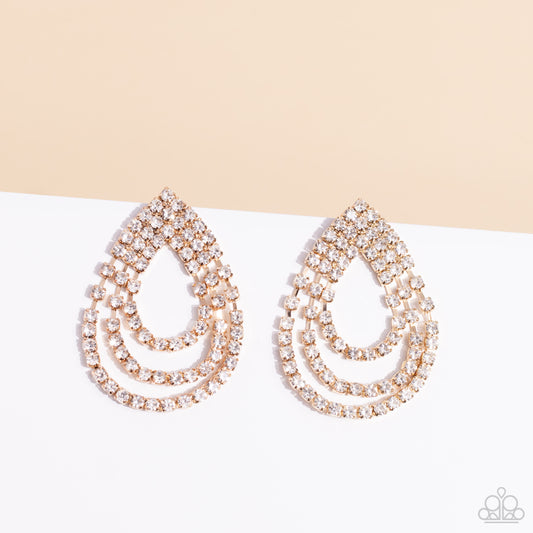 Take a POWER Stance - Gold & White Rhinestone Post Back Earring Paparazzi E1282