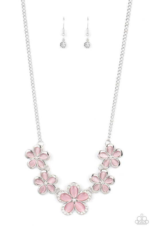 Garden Daydream - Pink Cat's Eye Stone & White Rhinestone Flower Necklace Paparazzi N1482