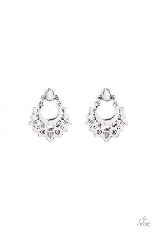 Earthy Zeal - White Floral Scalloped Silver Post Earring Paparazzi E1009